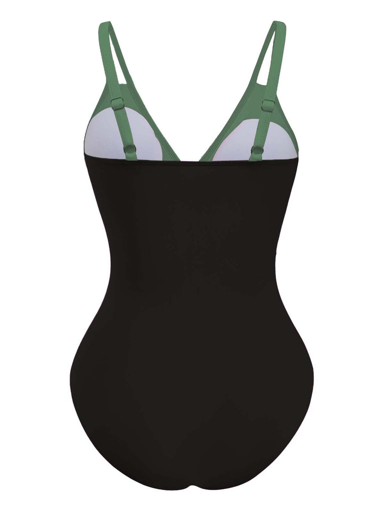 1950s V-Neck Color Patchwork One-Piece Swimsuit | vintage swimwear, retro swimsuit, pin-up style - perfect for retro fashion enthusiasts