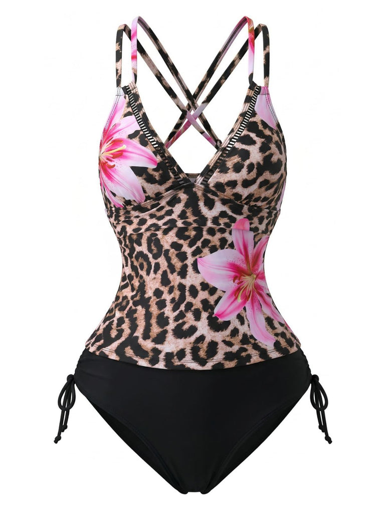 1950s V-Neck Floral Patchwork Tankini Set - vintage fashion, retro style