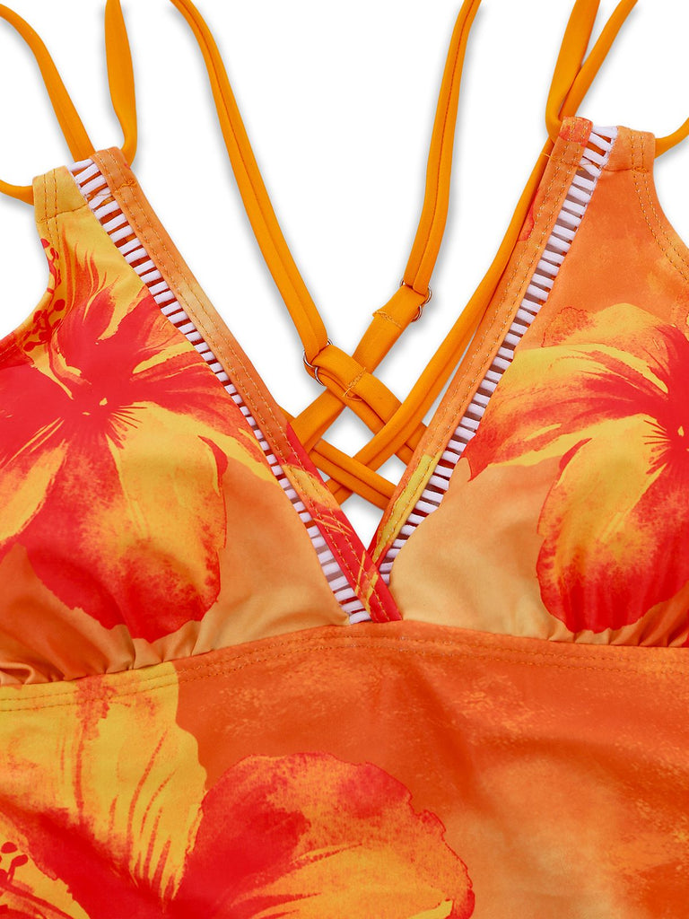 1950s V-Neck Floral Patchwork Tankini Set - vintage fashion, retro style