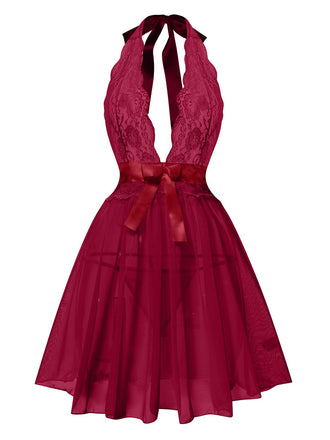 She slips into this 1950s V-Neck Halter Lace Sheer Nightgown and suddenly it's a 1950s daydream