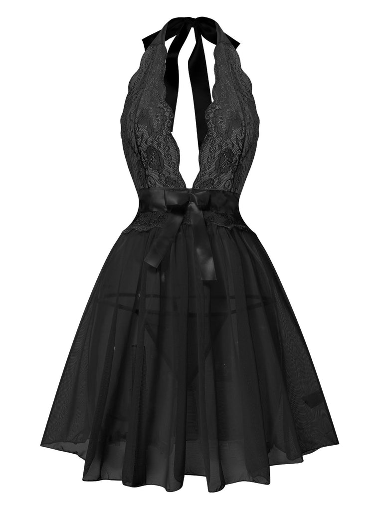 This 1950s V-Neck Halter Lace Sheer Nightgown wraps her in 1950s elegance, one twirl at a time