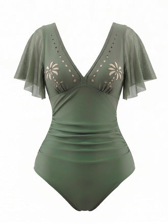 1950s V-Neck Hollow Ruffle Sleeve Palm Tree Swimsuit - vintage swimsuit, pin-up swimwear for vintage lovers