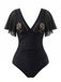 1950s V-Neck Hollow Ruffle Sleeve Palm Tree Swimsuit - vintage swimsuit, pin-up swimwear for vintage lovers