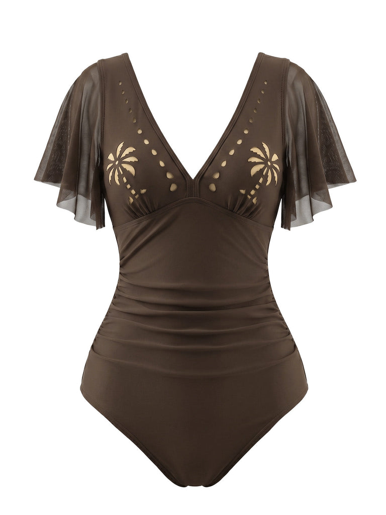 1950s V-Neck Hollow Ruffle Sleeve Palm Tree Swimsuit - vintage swimsuit, pin-up swimwear for vintage lovers