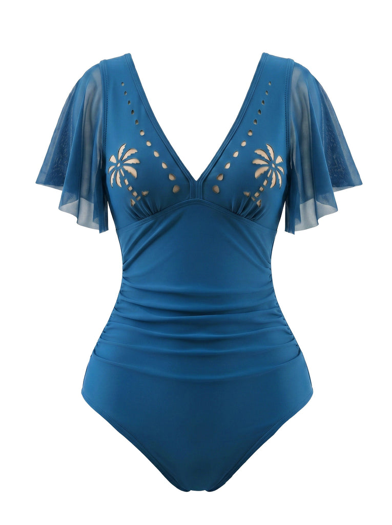 1950s V-Neck Hollow Ruffle Sleeve Palm Tree Swimsuit - vintage swimsuit, pin-up swimwear for vintage lovers