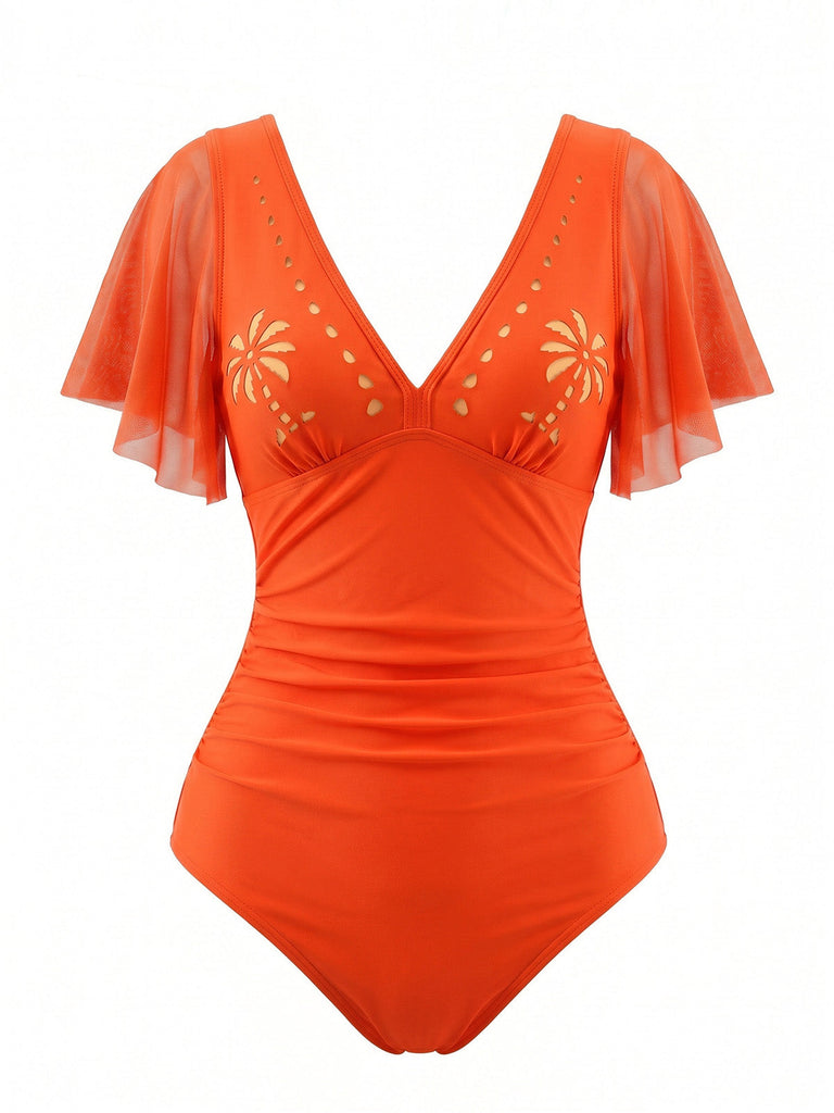 1950s V-Neck Hollow Ruffle Sleeve Palm Tree Swimsuit - vintage swimsuit, pin-up swimwear for vintage lovers
