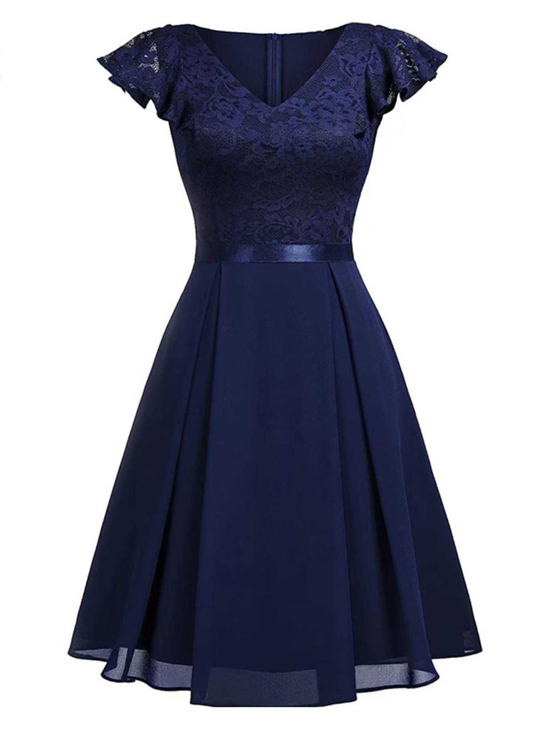 1950s V-Neck Lace Floral Cap Sleeve Solid Dress — vintage elegance for the modern woman