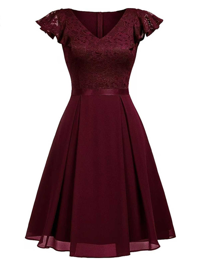 1950s V-Neck Lace Floral Cap Sleeve Solid Dress — vintage elegance for the modern woman