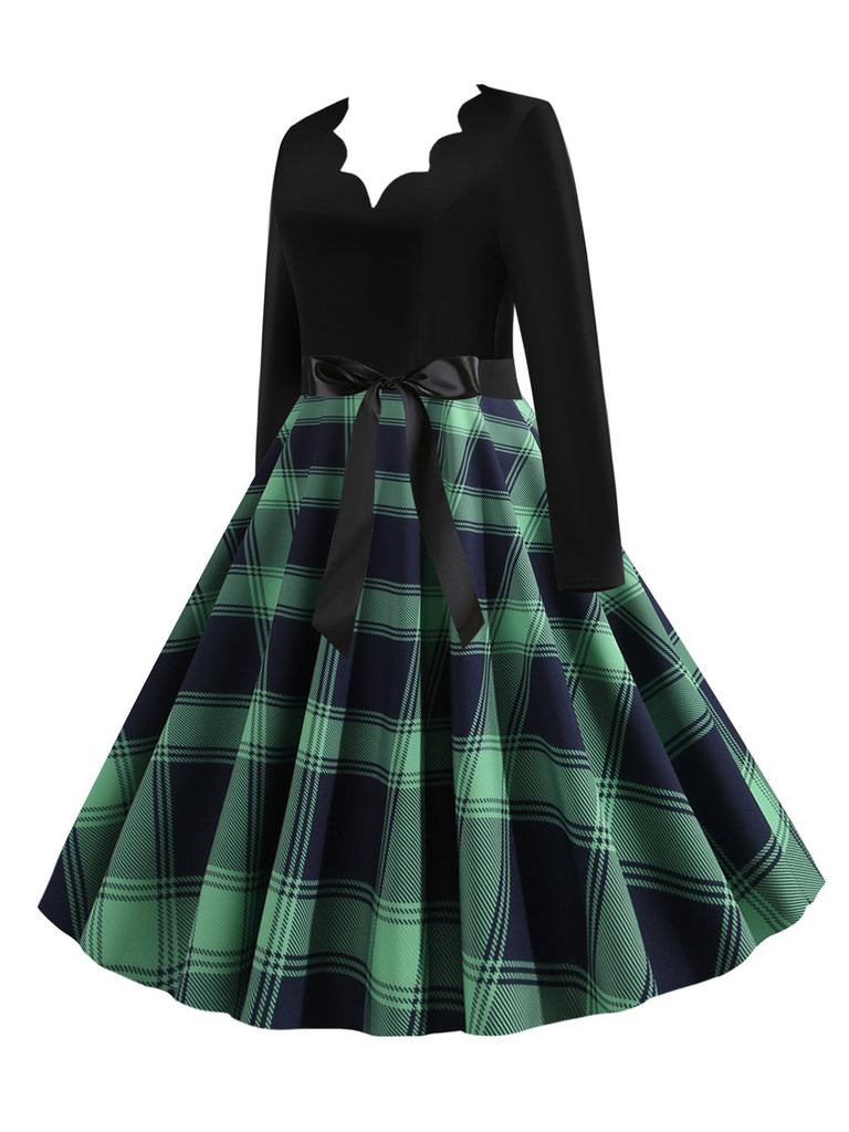 1950s V-Neck Long Sleeves Plaid Swing Dress, vintage dress, retro fashion, rockabilly, pin-up fashion - perfect for women who love vintage and retro fashion