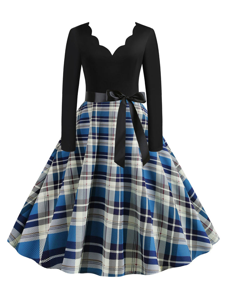 1950s V-Neck Long Sleeves Plaid Swing Dress, vintage dress, retro fashion, rockabilly, pin-up fashion - perfect for women who love vintage and retro fashion