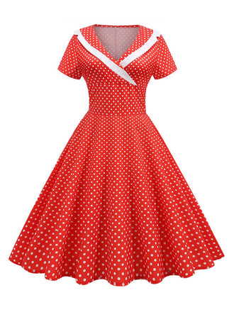 1950s V-Neck Polka Dots Swing Dress, vintage dress, retro fashion, rockabilly, pin-up fashion - perfect for women who love vintage and retro fashion
