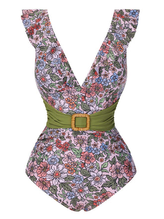 She's wearing 1950s V-Neck Ruffle Shoulder Belted Swimsuit and the whole beach remembers the 1950s
