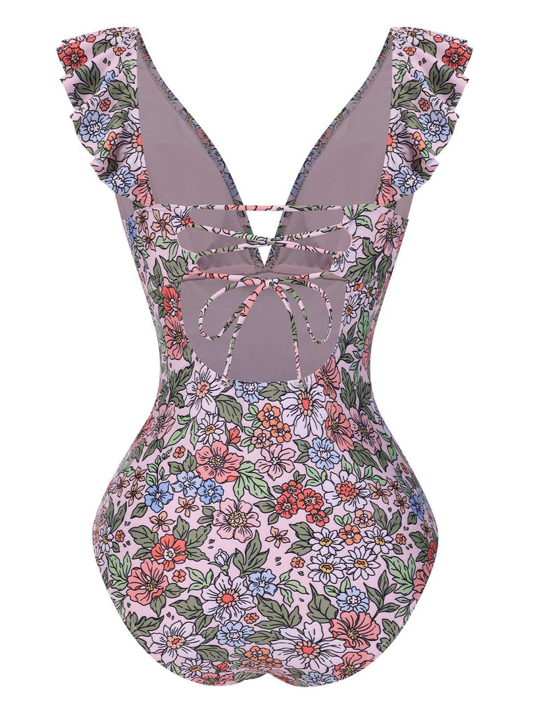This 1950s V-Neck Ruffle Shoulder Belted Swimsuit carries 1950s vacation dreams in every stitch
