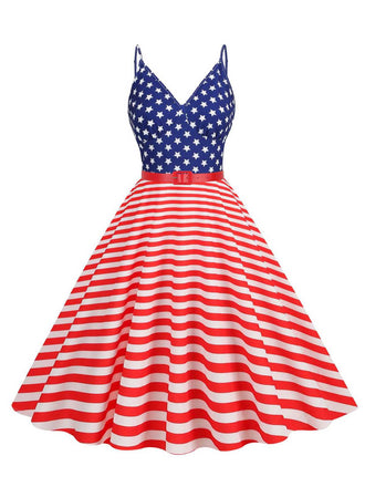 1950s V-Neck Star Stripes Flag Belted Swing Dress - vintage dress, retro fashion, rockabilly