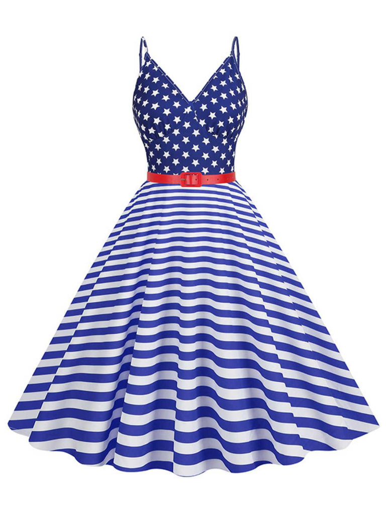 1950s V-Neck Star Stripes Flag Belted Swing Dress - vintage dress, retro fashion, rockabilly