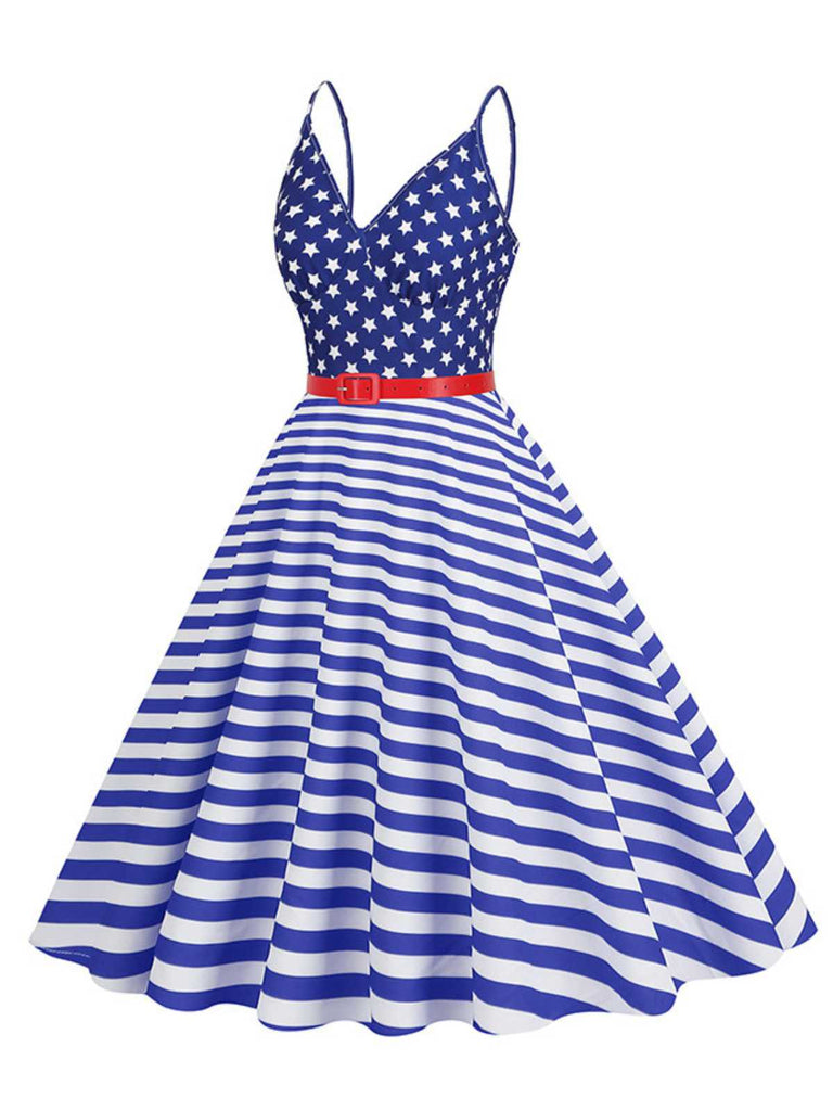 1950s V-Neck Star Stripes Flag Belted Swing Dress - vintage dress, retro fashion, rockabilly