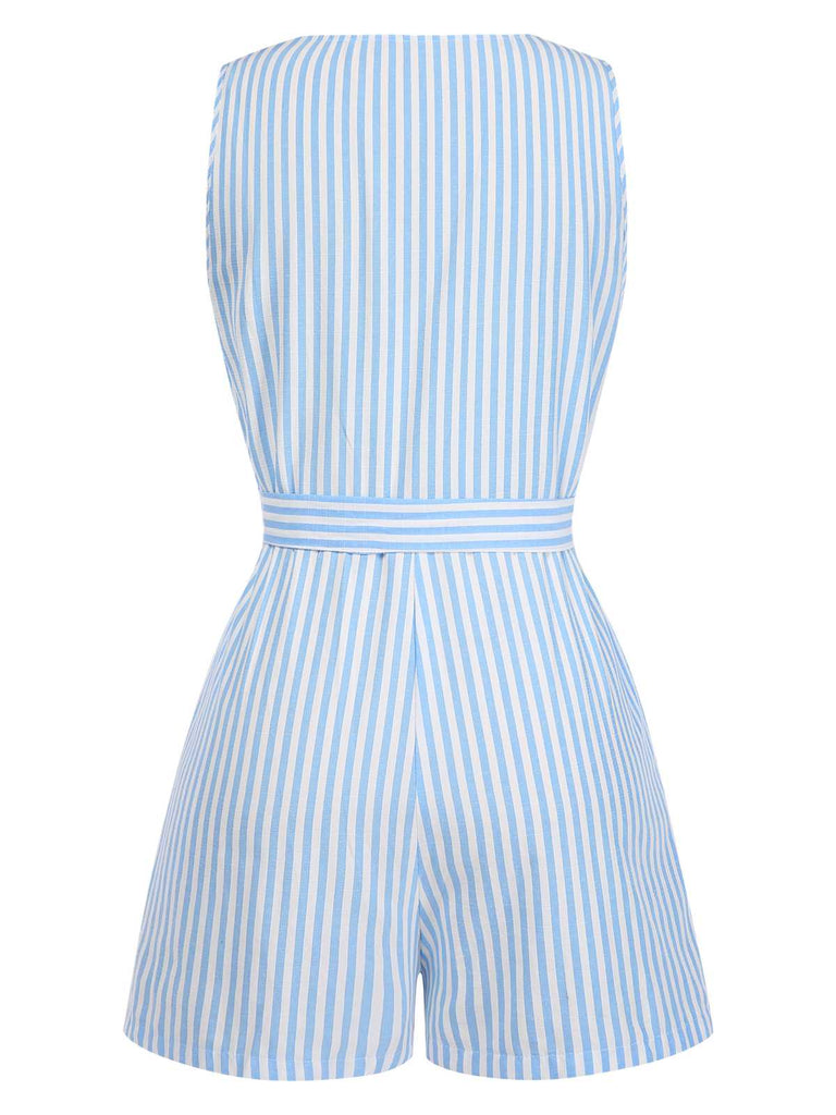 1950s V-Neck Stripes Sleeveless Belted Romper: 1950s detail work for the woman who notices