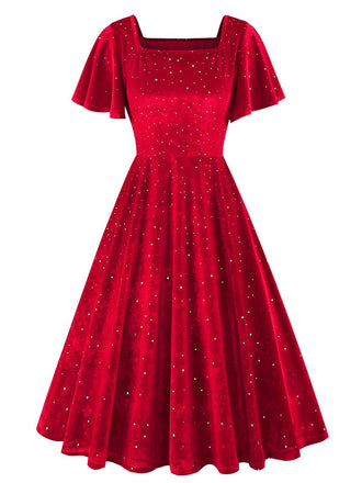 She slips into this 1950s Velvet Sparkling Solid A-Line Dress and suddenly it's a 1950s daydream