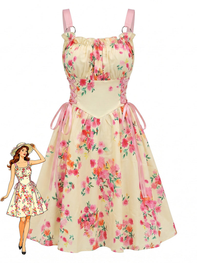 1950s Vintage Floral Lace-Up Swing Dress, vintage dress, retro fashion, rockabilly, pin-up fashion - perfect for women who love vintage and retro fashion