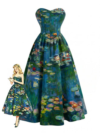 Blue 1950s Water Lily Sweetheart Strapless Dress, vintage dress, retro fashion, rockabilly, pin-up fashion - perfect for women who love vintage and retro fashion