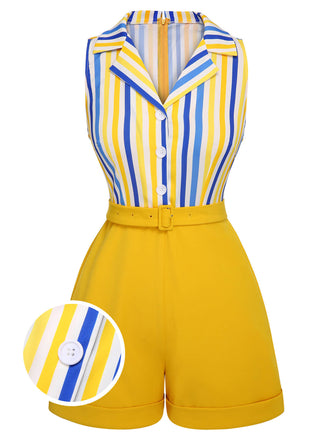 1950s Yellow White Blue Striped Lapel Romper, vintage romper, retro jumpsuit - perfect for women who love vintage and retro fashion