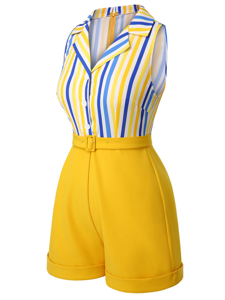 1950s Yellow White Blue Striped Lapel Romper, vintage romper, retro jumpsuit - perfect for women who love vintage and retro fashion