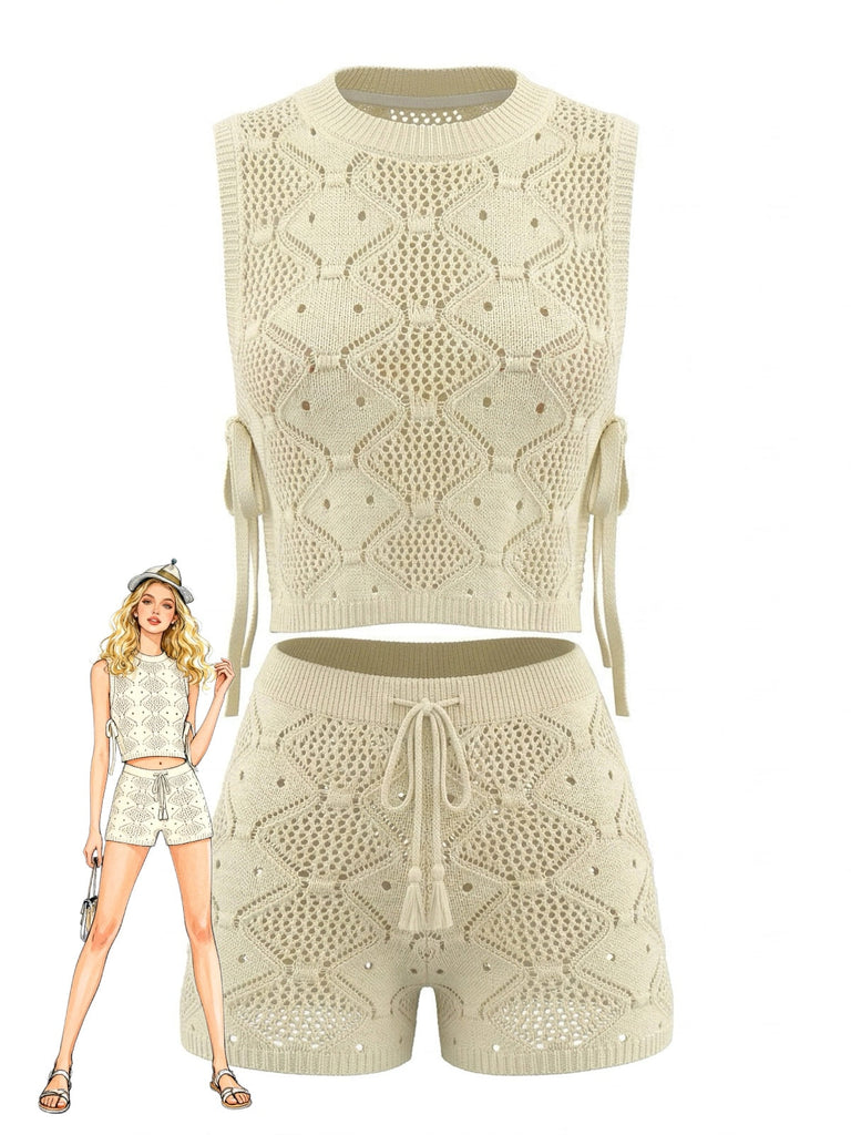 2PCS Beige 1960s Crochet Sleeveless Drawstring Shorts Set - vintage fashion, retro style