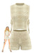 2PCS Beige 1960s Crochet Sleeveless Drawstring Shorts Set - vintage fashion, retro style