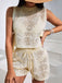 2PCS Beige 1960s Crochet Sleeveless Drawstring Shorts Set - vintage fashion, retro style