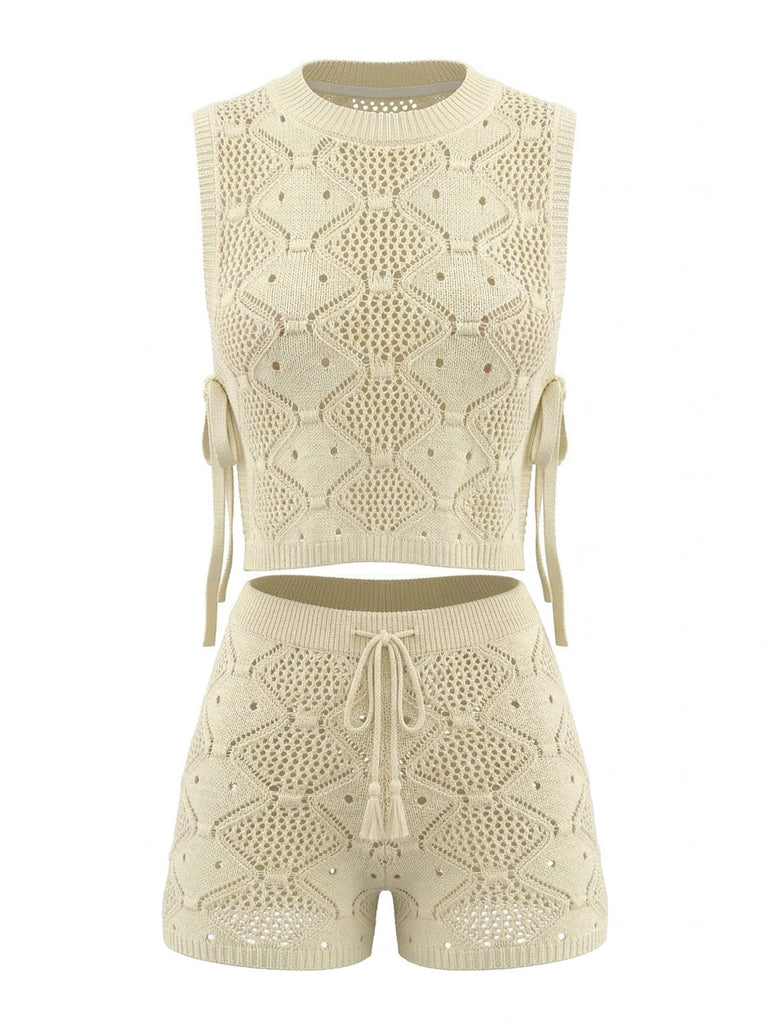 2PCS Beige 1960s Crochet Sleeveless Drawstring Shorts Set - vintage fashion, retro style