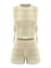 2PCS Beige 1960s Crochet Sleeveless Drawstring Shorts Set - vintage fashion, retro style