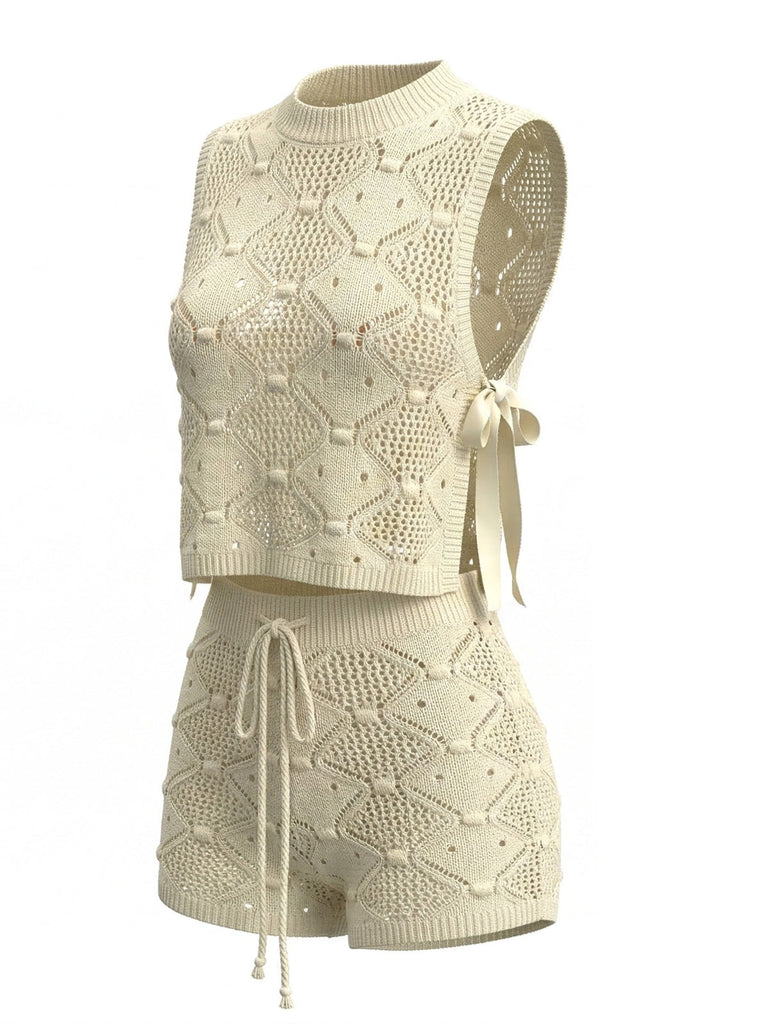2PCS Beige 1960s Crochet Sleeveless Drawstring Shorts Set - vintage fashion, retro style