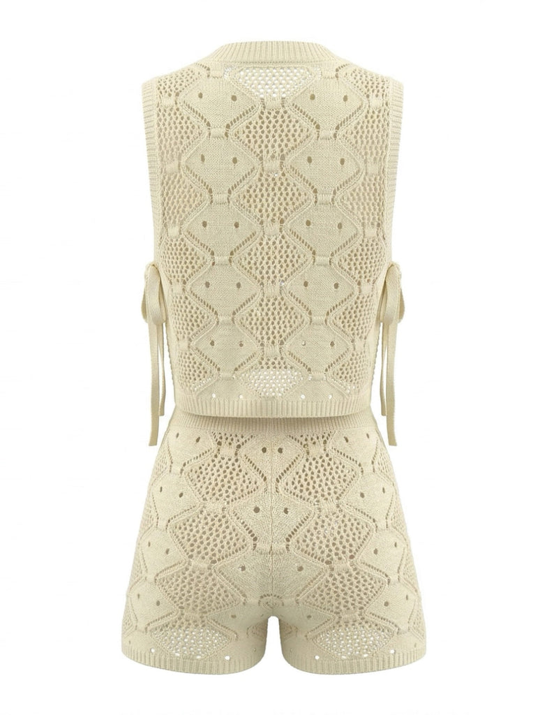 2PCS Beige 1960s Crochet Sleeveless Drawstring Shorts Set - vintage fashion, retro style