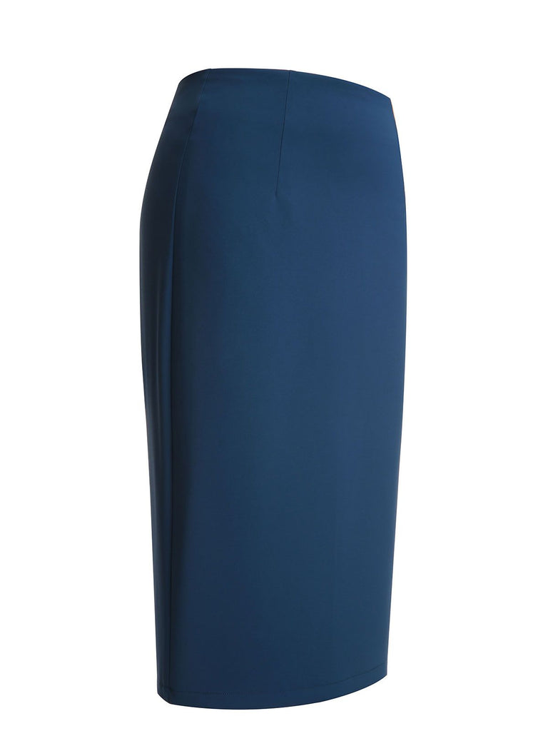 2PCS Navy Blue 1960s Stand Collar Shirt & Solid Wrap Skirts - vintage skirt, retro style