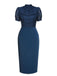 2PCS Navy Blue 1960s Stand Collar Shirt & Solid Wrap Skirts - vintage skirt, retro style