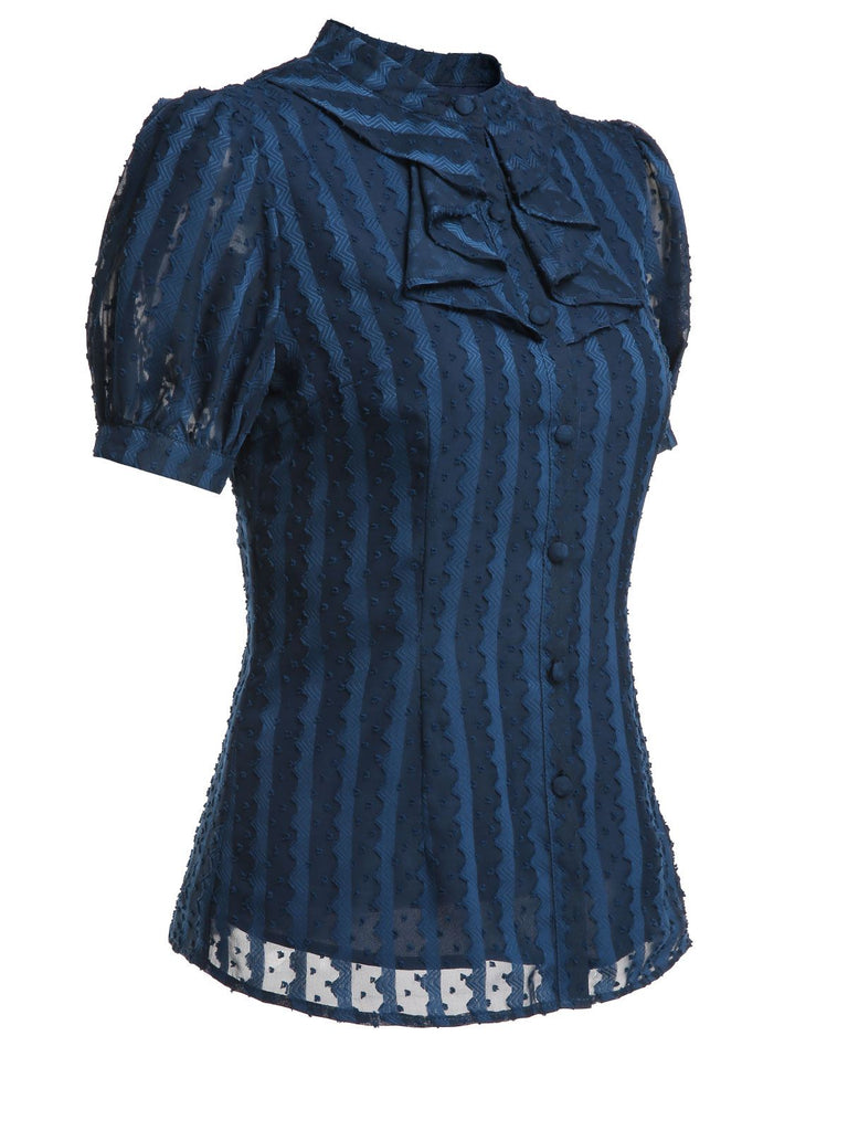 2PCS Navy Blue 1960s Stand Collar Shirt & Solid Wrap Skirts - vintage skirt, retro style