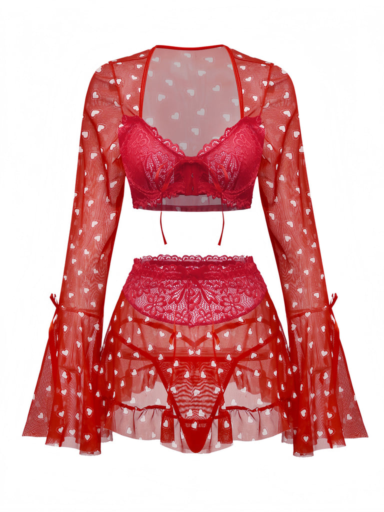 2PCS Red 1960s Heart Bow Ruffled Valentine's Pajamas - vintage fashion, retro style, elegant red