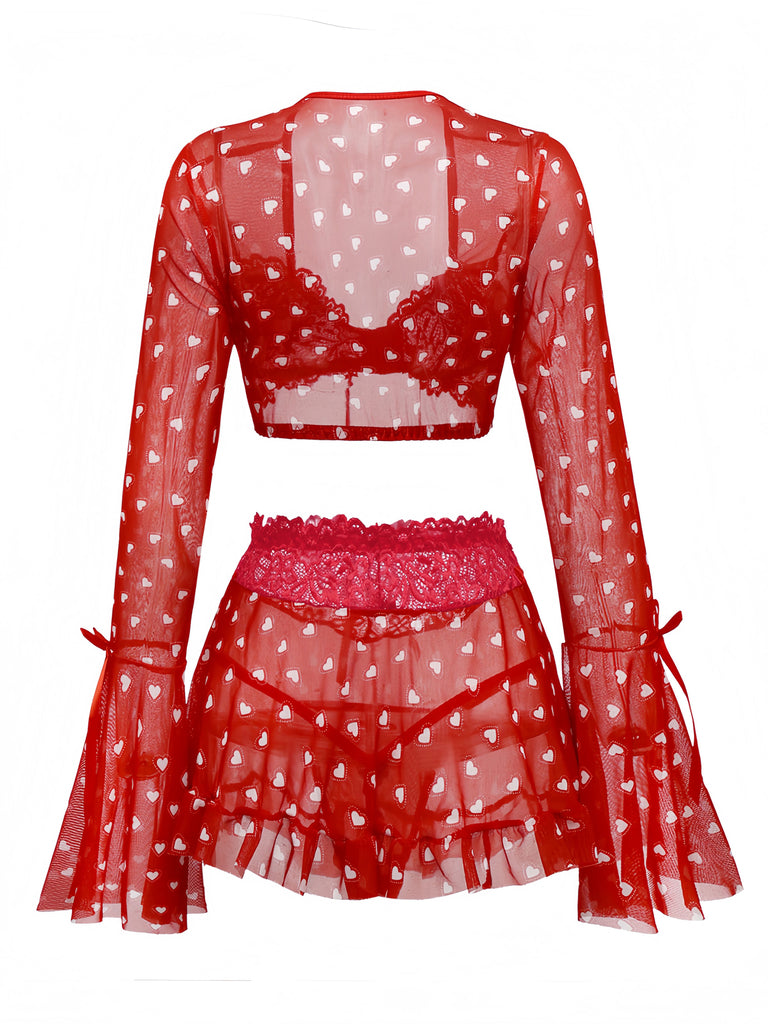 2PCS Red 1960s Heart Bow Ruffled Valentine's Pajamas - vintage fashion, retro style, elegant red