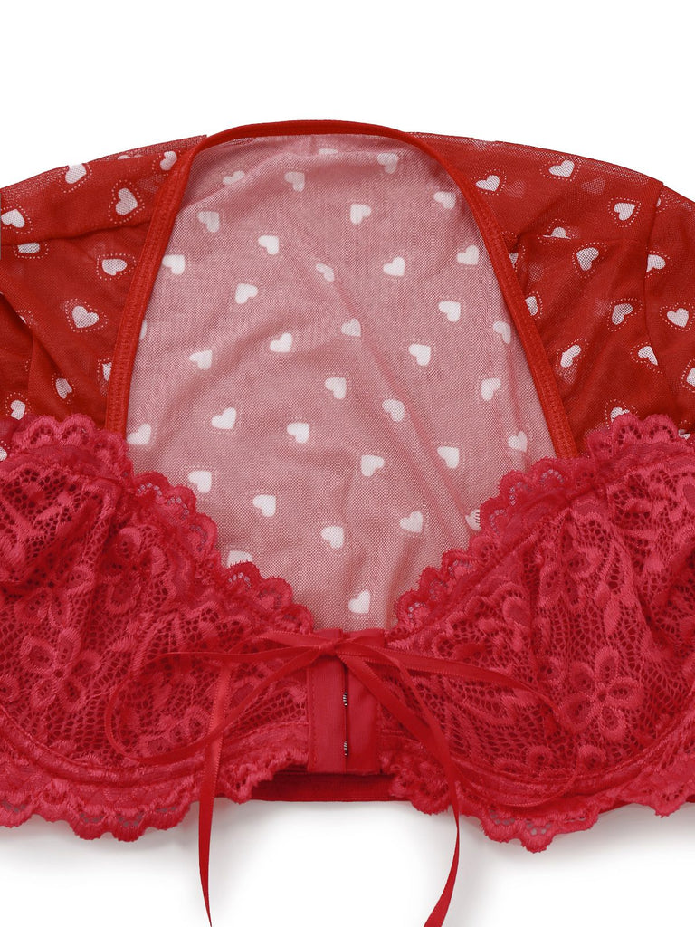 2PCS Red 1960s Heart Bow Ruffled Valentine's Pajamas - vintage fashion, retro style, elegant red