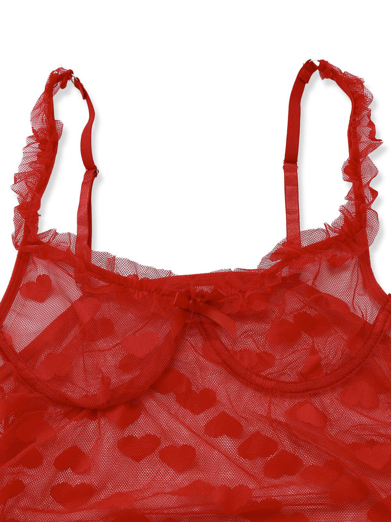 2PCS Red 1960s Heart Bow Ruffled Valentine's Pajamas - vintage fashion, retro style, elegant red