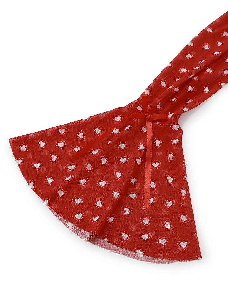 2PCS Red 1960s Heart Bow Ruffled Valentine's Pajamas - vintage fashion, retro style, elegant red