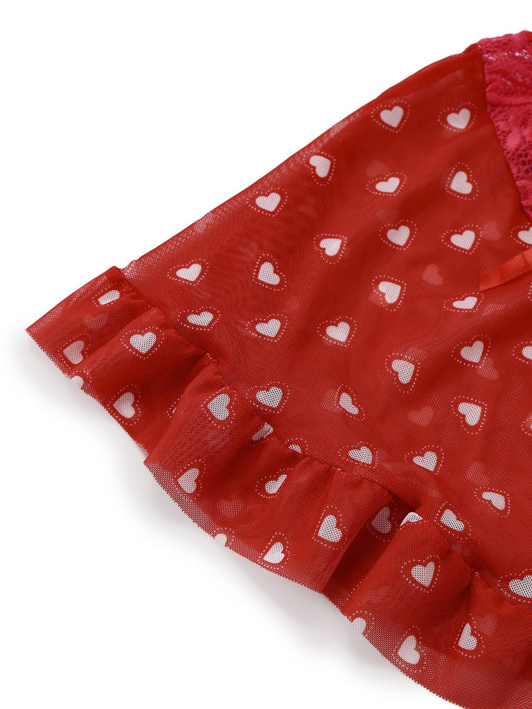 2PCS Red 1960s Heart Bow Ruffled Valentine's Pajamas - vintage fashion, retro style, elegant red