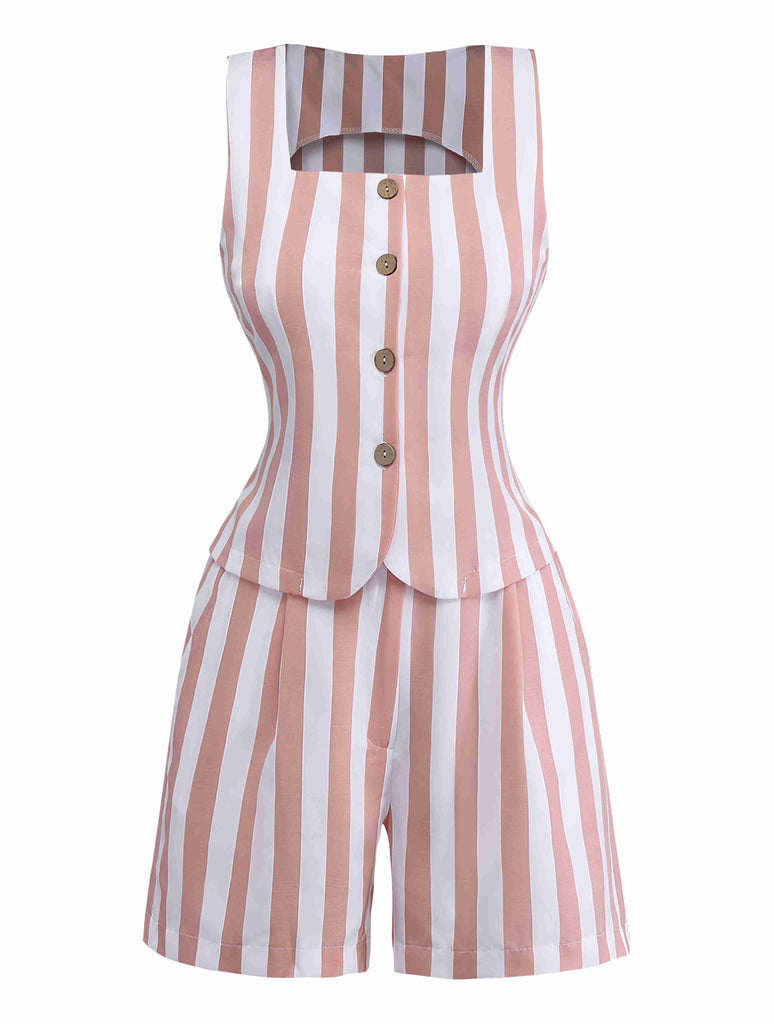 2pcs Khaki 1960s Striped Square Neck Sleeveless Vest & Shorts - vintage fashion, retro style