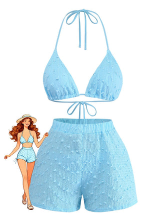 3PCS Sky Blue 1960s Triangle Bikini & Tie Shorts Set - vintage fashion, retro style