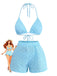 3PCS Sky Blue 1960s Triangle Bikini & Tie Shorts Set - vintage fashion, retro style