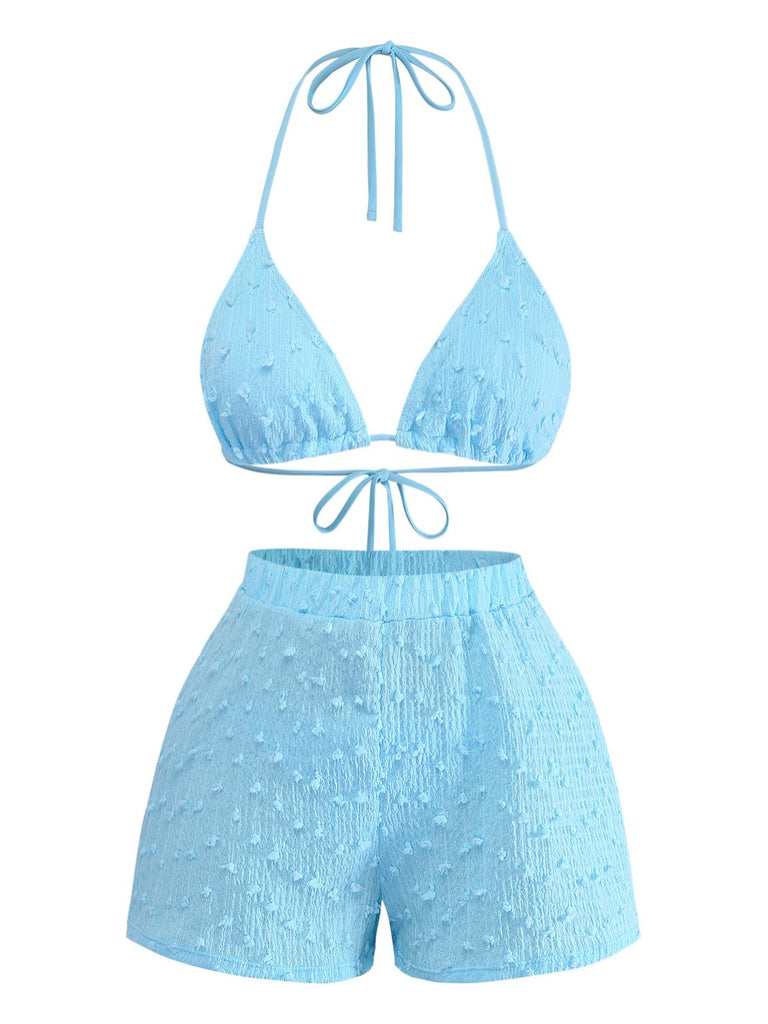 3PCS Sky Blue 1960s Triangle Bikini & Tie Shorts Set - vintage fashion, retro style