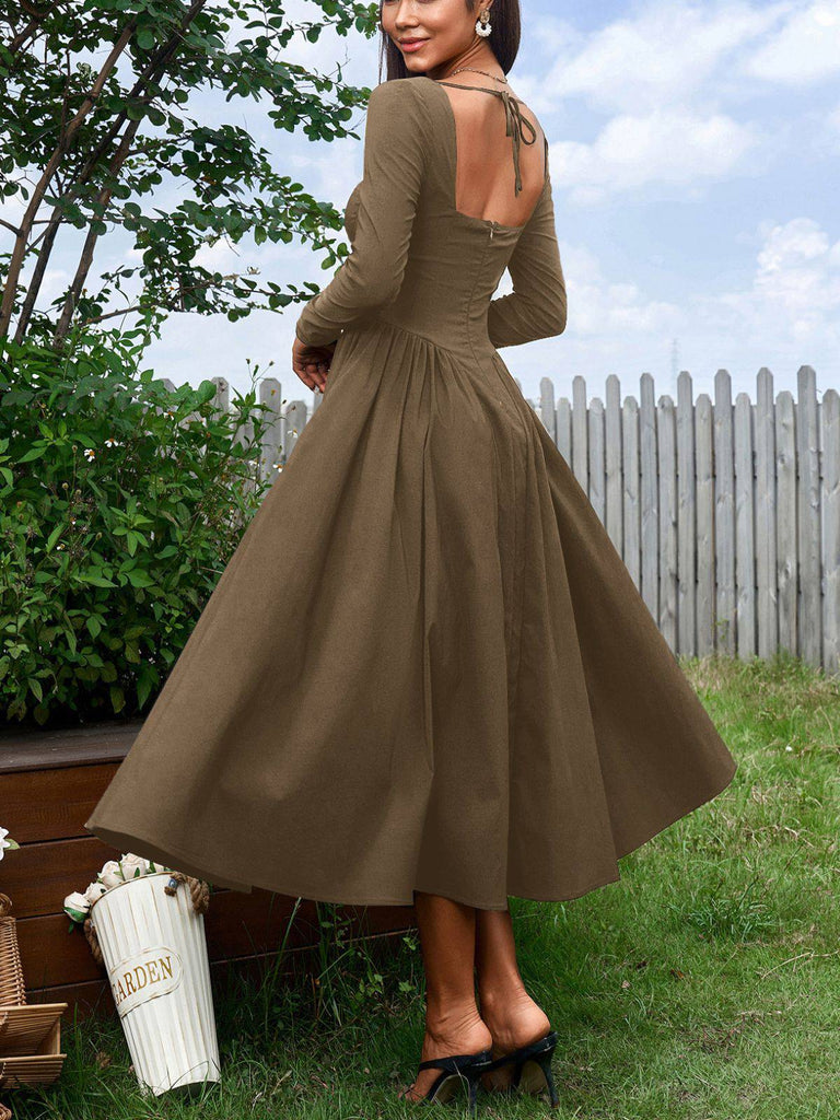 1960s Backless Lace-Up Pleated Midi Dress - vintage dress, retro fashion