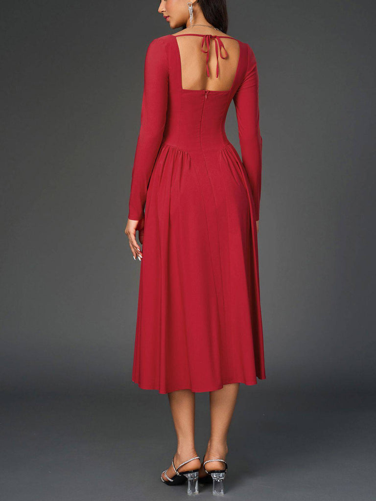 1960s Backless Lace-Up Pleated Midi Dress - vintage dress, retro fashion