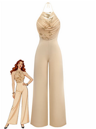 1960s Beaded Ruched Backless Wide-Leg Jumpsuit - vintage romper, retro jumpsuit, playful style for vintage lovers