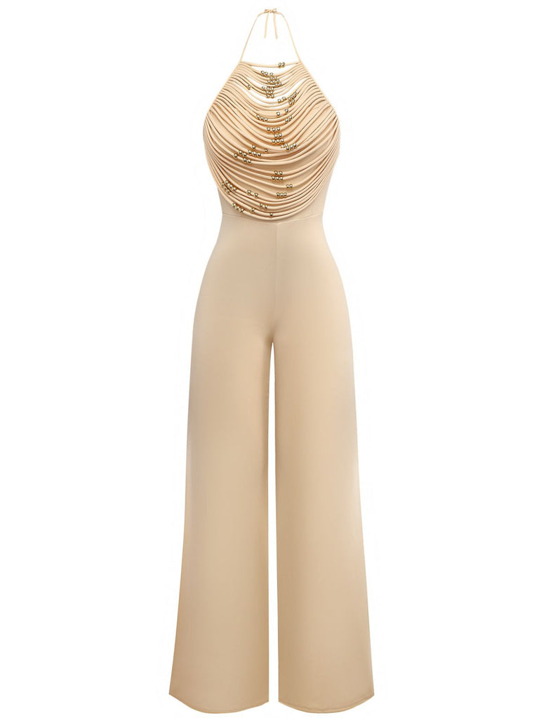 1960s Beaded Ruched Backless Wide-Leg Jumpsuit: beautiful vintage romper, retro jumpsuit, playful style with timeless appeal